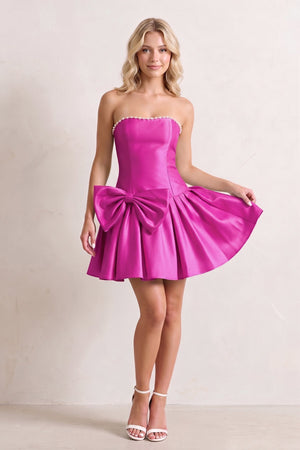 Fuchsia Strapless A-Line Satin Ruched Bow Homecoming Dress With Pearl - SHEISME