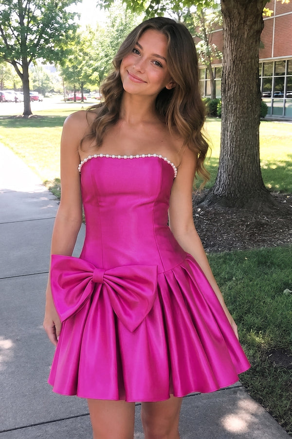 Fuchsia Strapless A-Line Satin Ruched Bow Homecoming Dress With Pearl - SHEISME