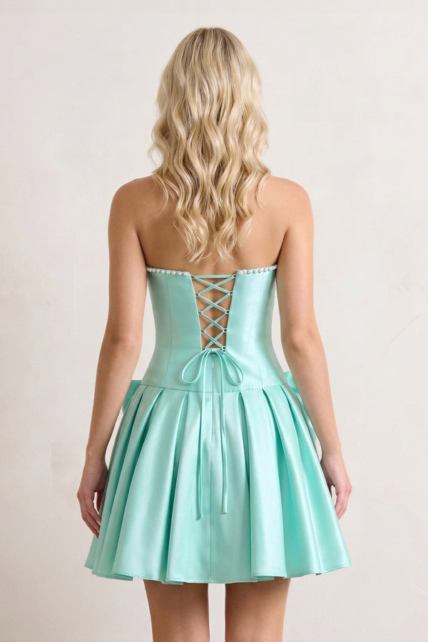 Aqua Strapless A-Line Satin Ruched Bow Homecoming Dress With Pearl - SHEISME