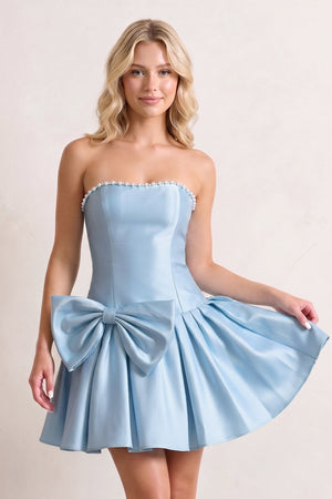 Sky Blue Strapless A-Line Satin Ruched Bow Homecoming Dress With Pearl - SHEISME