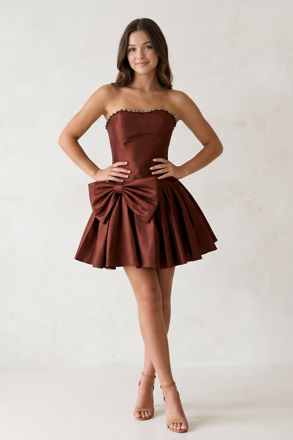 Brown Strapless A-Line Satin Ruched Bow Homecoming Dress With Pearl - SHEISME