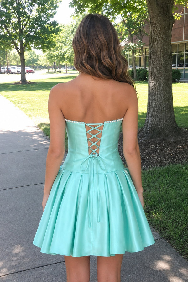 Aqua Strapless A-Line Satin Ruched Bow Homecoming Dress With Pearl - SHEISME