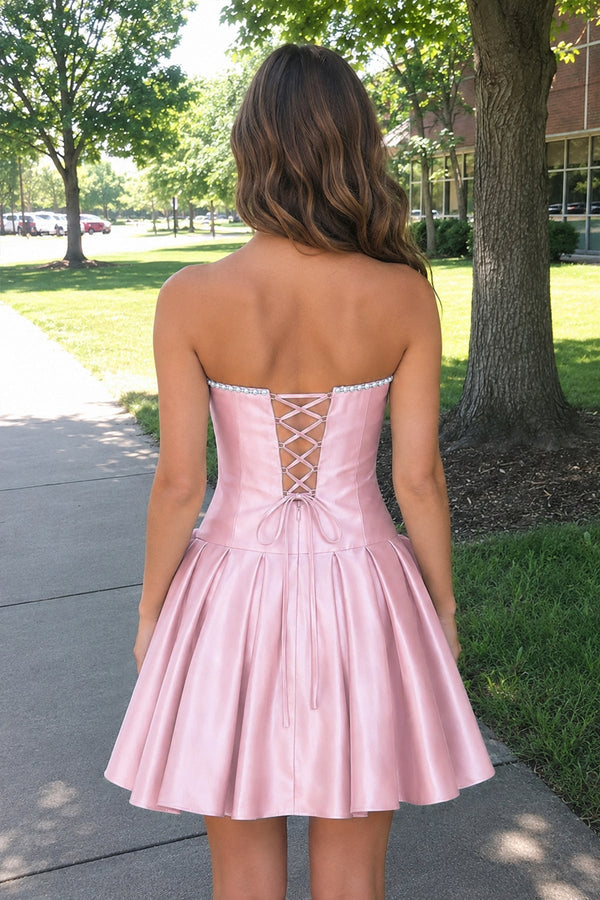Pink Strapless A-Line Satin Ruched Bow Homecoming Dress With Pearl - SHEISME