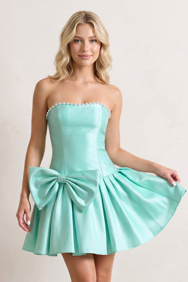 Aqua Strapless A-Line Satin Ruched Bow Homecoming Dress With Pearl - SHEISME