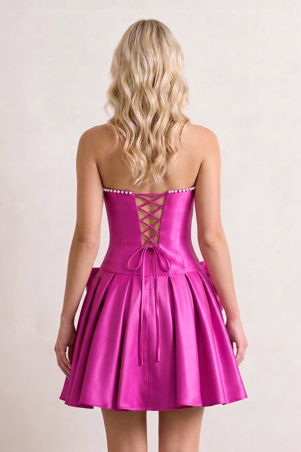 Fuchsia Strapless A-Line Satin Ruched Bow Homecoming Dress With Pearl - SHEISME