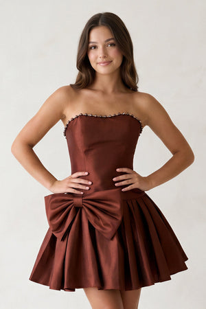 Brown Strapless A-Line Satin Ruched Bow Homecoming Dress With Pearl - SHEISME