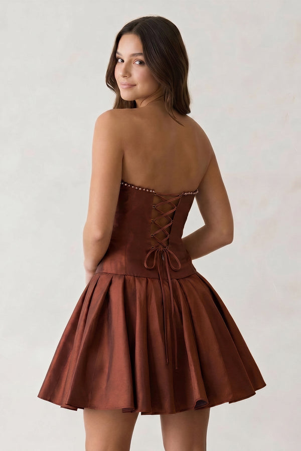 Brown Strapless A-Line Satin Ruched Bow Homecoming Dress With Pearl - SHEISME