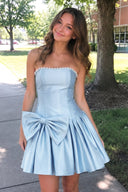 Sky Blue Strapless A-Line Satin Ruched Bow Homecoming Dress With Pearl - SHEISME