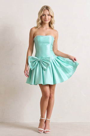 Aqua Strapless A-Line Satin Ruched Bow Homecoming Dress With Pearl - SHEISME