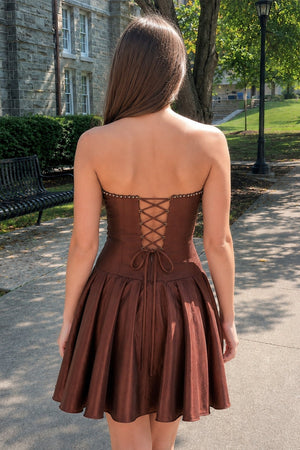 Brown Strapless A-Line Satin Ruched Bow Homecoming Dress With Pearl - SHEISME