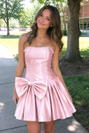 Pink Strapless A-Line Satin Ruched Bow Homecoming Dress With Pearl - SHEISME