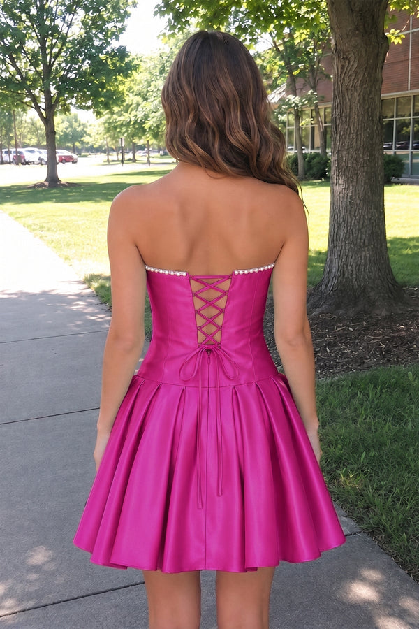 Fuchsia Strapless A-Line Satin Ruched Bow Homecoming Dress With Pearl - SHEISME