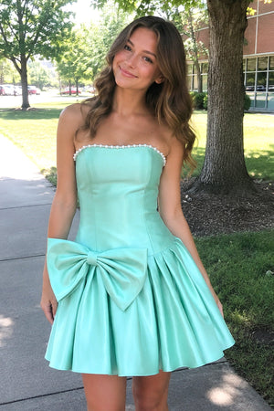 Aqua Strapless A-Line Satin Ruched Bow Homecoming Dress With Pearl - SHEISME