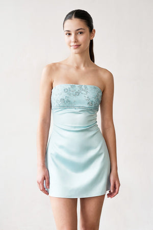 Aqua Strapless Appliqued Satin Sheath Homecoming Dress | SHEISME