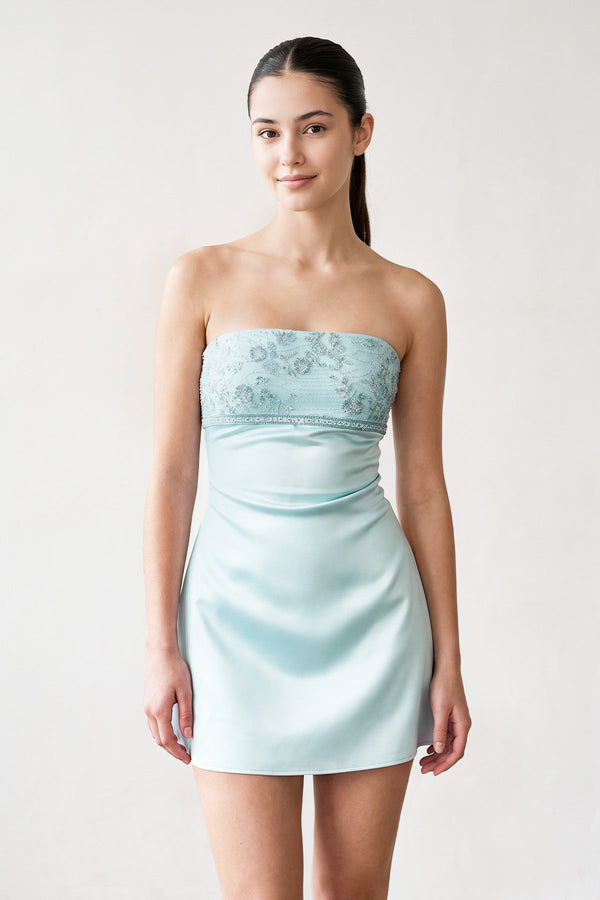 Aqua Strapless Appliqued Satin Sheath Homecoming Dress | SHEISME