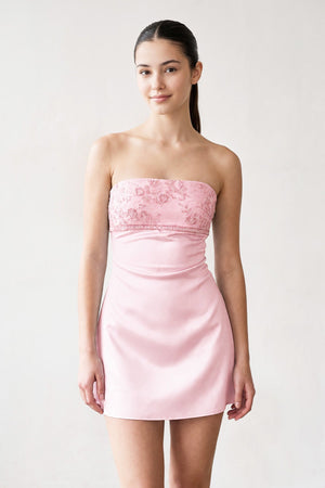 Pink Strapless Appliqued Satin Sheath Homecoming Dress | SHEISME