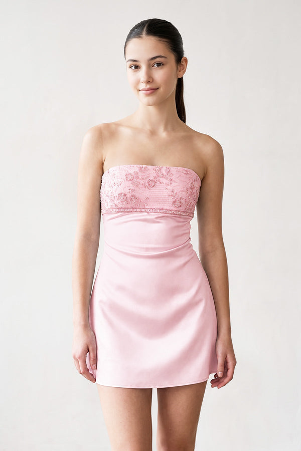 Pink Strapless Appliqued Satin Sheath Homecoming Dress | SHEISME
