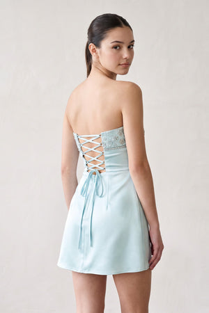 Aqua Strapless Appliqued Satin Sheath Homecoming Dress (2) | SHEISME