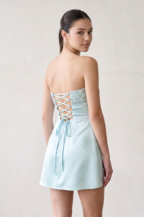 Aqua Strapless Appliqued Satin Sheath Homecoming Dress (2) | SHEISME