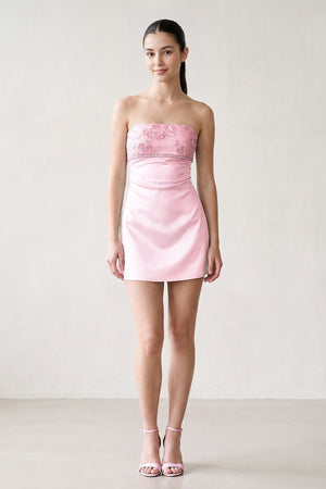 Pink Strapless Appliqued Satin Sheath Homecoming Dress (3) | SHEISME