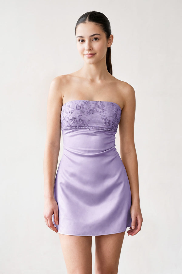 Lavender Strapless Appliqued Satin Sheath Homecoming Dress | SHEISME