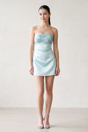 Aqua Strapless Appliqued Satin Sheath Homecoming Dress (3) | SHEISME