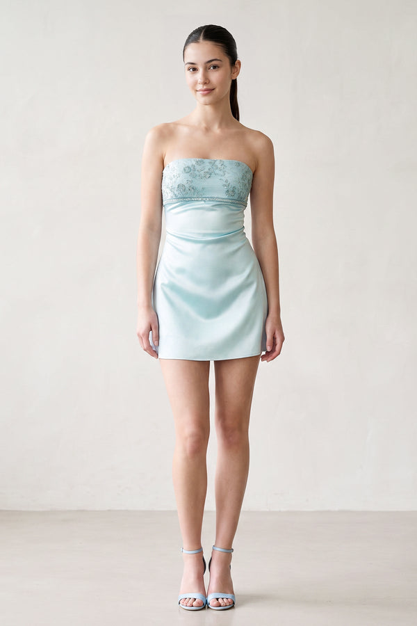Aqua Strapless Appliqued Satin Sheath Homecoming Dress (3) | SHEISME