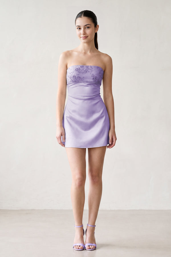 Lavender Strapless Appliqued Satin Sheath Homecoming Dress (3) | SHEISME
