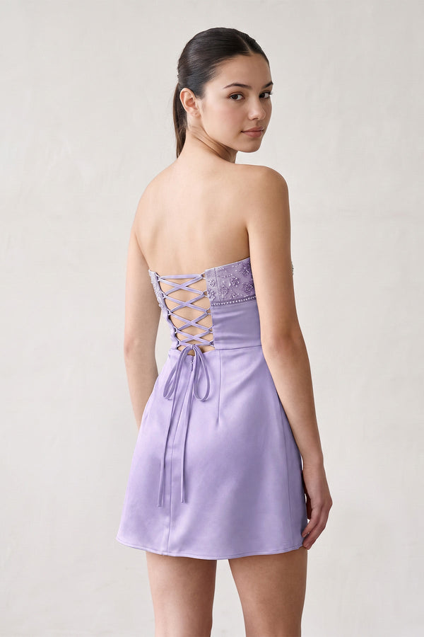 Lavender Strapless Appliqued Satin Sheath Homecoming Dress (2) | SHEISME