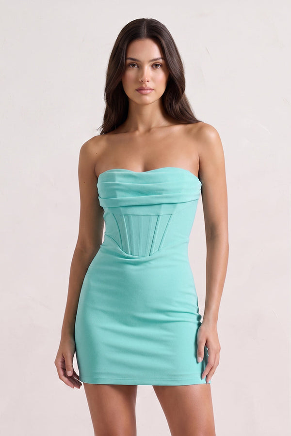 Aqua Strapless Corset Bodycon Short Satin Homecoming Dress | SHEISME