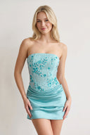 Aqua Strapless Embroidered Satin Sheath Ruched Homecoming Dress | SHEISME