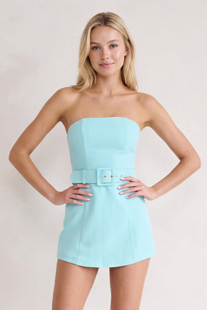 Aqua Strapless Sheath Satin Homecoming Dress with Belt | SHEISME