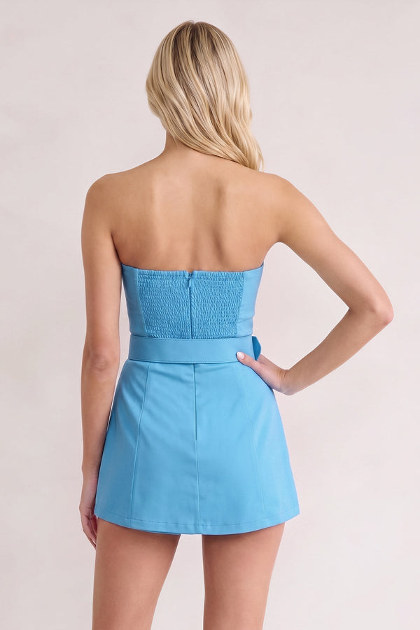 Blue Strapless Sheath Satin Homecoming Dress with Belt (2) | SHEISME