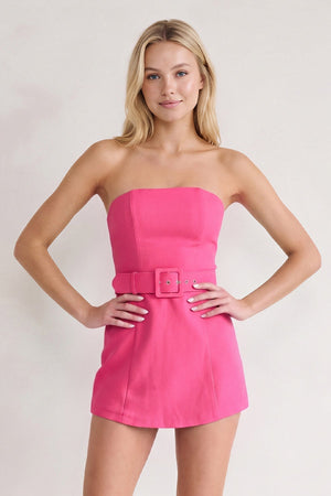 Hot Pink Strapless Sheath Satin Homecoming Dress with Belt | SHEISME