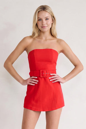 Red Strapless Sheath Satin Homecoming Dress with Belt | SHEISME