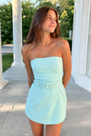 Aqua Strapless Sheath Satin Homecoming Dress with Belt | SHEISME