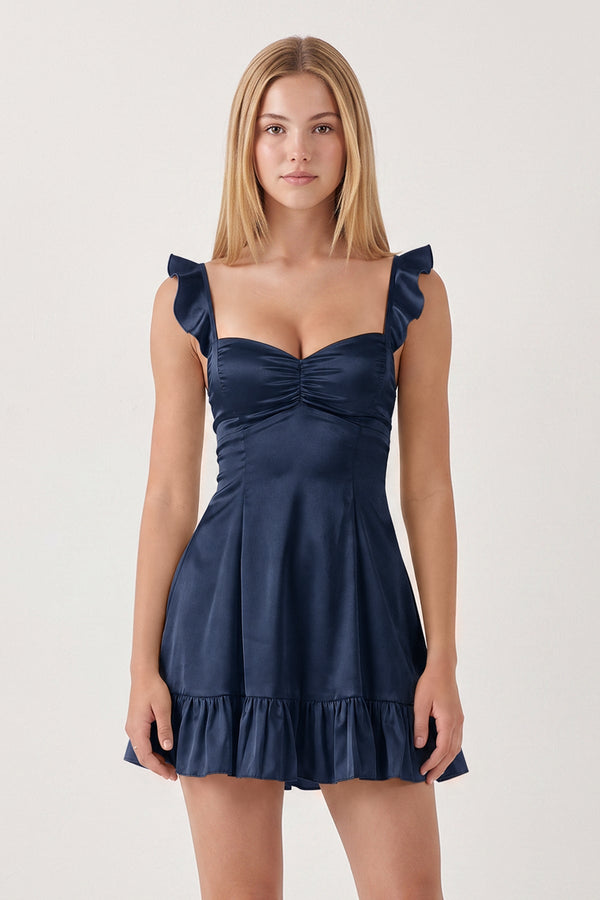 Navy Blue Sweetheart Ruffled A-Line Satin Homecoming Dress | SHEISME