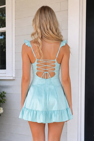 Aqua Sweetheart Ruffled A-Line Satin Homecoming Dress | SHEISME