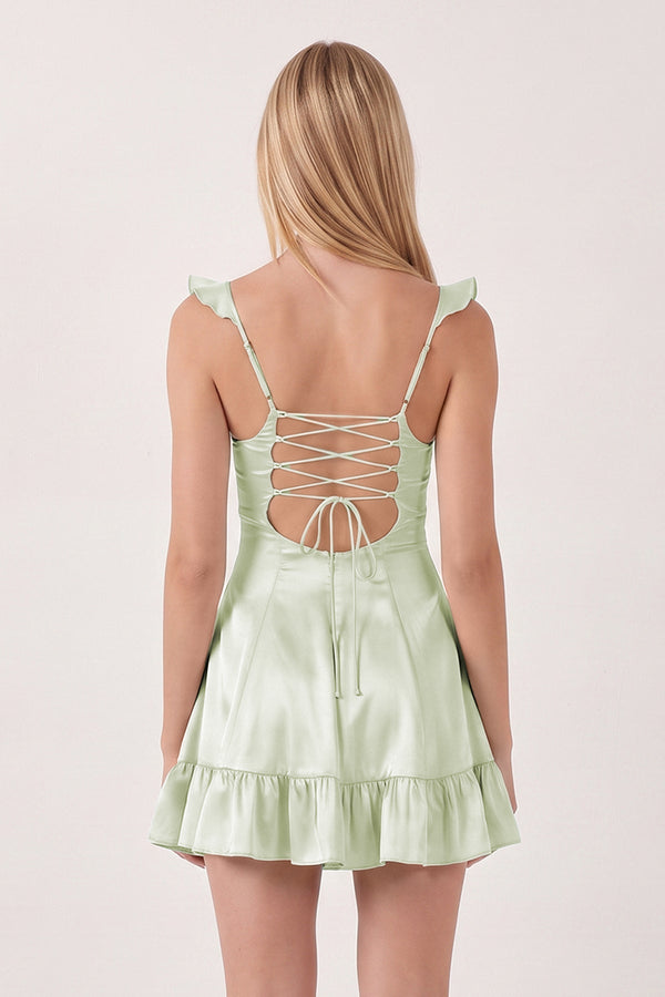 Sage Green Sweetheart Ruffled A-Line Satin Homecoming Dress | SHEISME