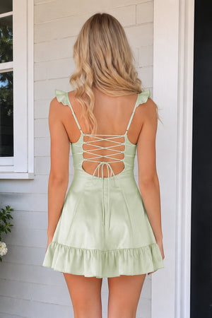 Sage Green Sweetheart Ruffled A-Line Satin Homecoming Dress | SHEISME