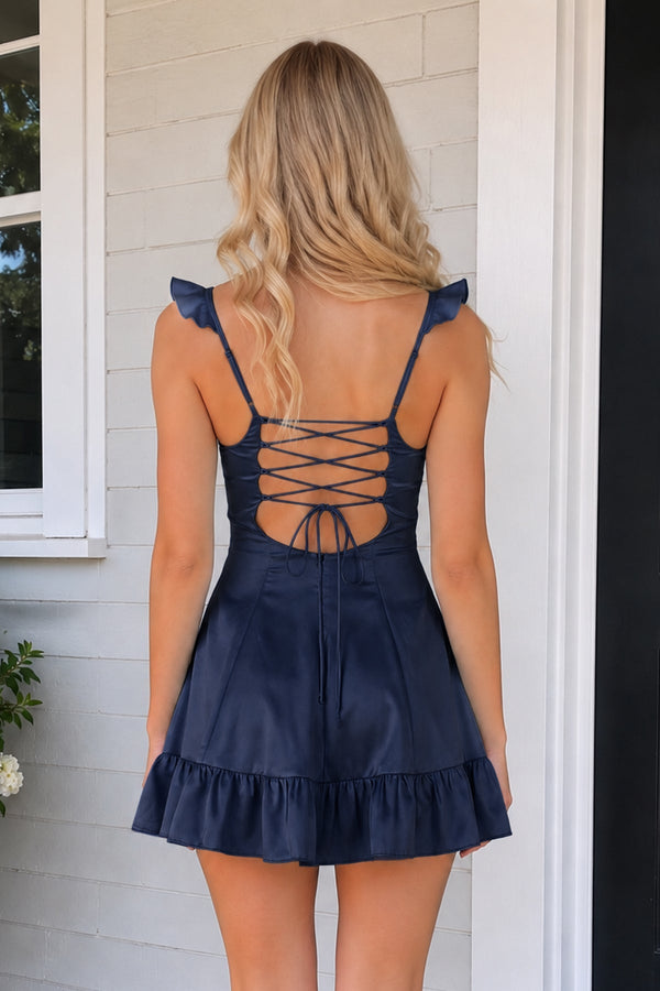 Navy Blue Sweetheart Ruffled A-Line Satin Homecoming Dress | SHEISME