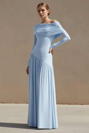 Asymmetric - Neck Maxi Dress in Sky Blue - SHE IS ME PROM DRESSES