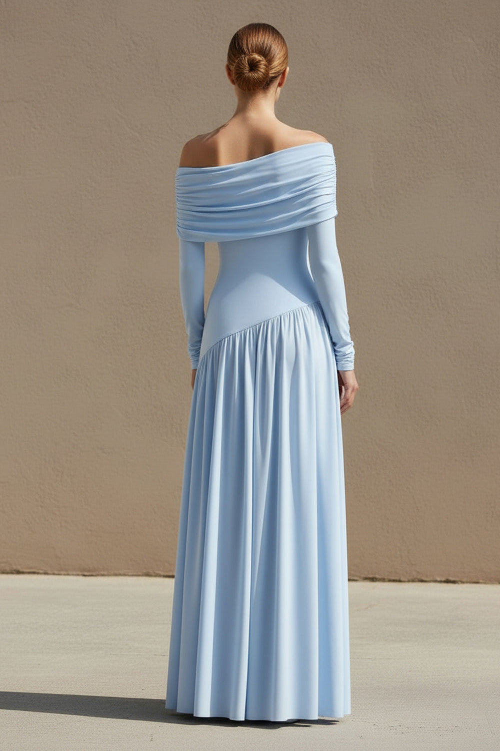 Sheisme-Sky Blue Jersey Asymmetric-Neck A-Line Maxi Evening Formal Dress