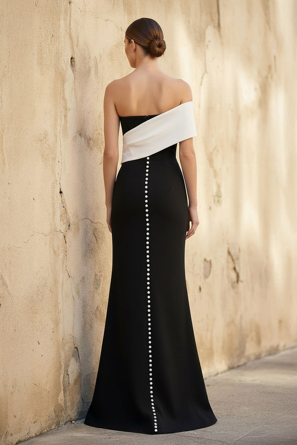 Asymmetric One Shoulder Gown With Slit in Black and White - SHE IS ME