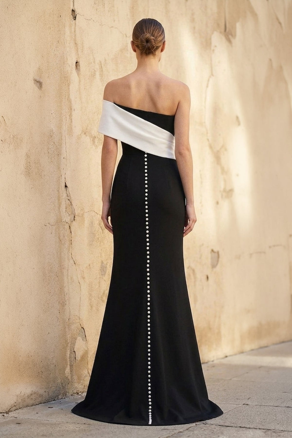 Asymmetric One Shoulder Gown With Slit in Black and White - SHE IS ME