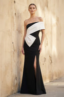 Asymmetric One Shoulder Gown With Slit in Black and White - SHE IS ME