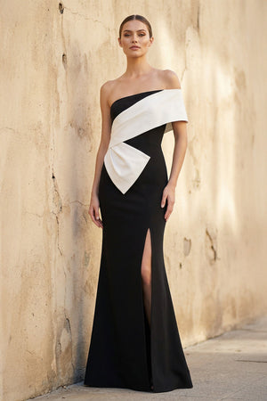 Asymmetric One Shoulder Gown With Slit in Black and White - SHE IS ME