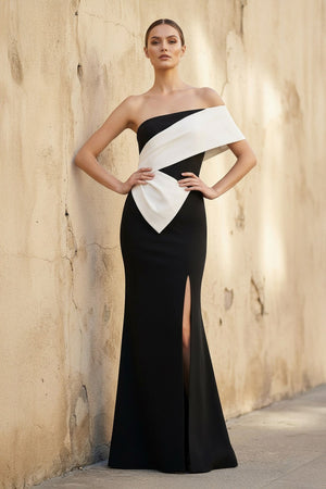 Asymmetric One Shoulder Gown With Slit in Black and White - SHE IS ME