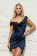 Asymmetrical Mini Dress With Draped Train in Navy - SHE IS ME