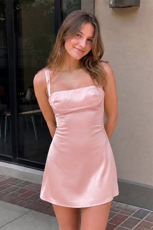 Pink Square Neck Sleeveless A Line Short Homecoming Dresses-SHEISME